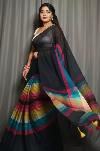 Rainbow fancy cotton handloom saree with blouse piece for women
