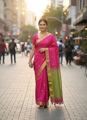 Rani & green fancy cotton handloom saree with blouse piece for women 1