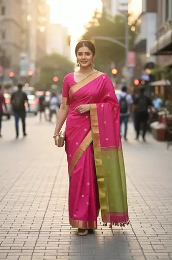 Rani & green fancy cotton handloom saree with blouse piece for women