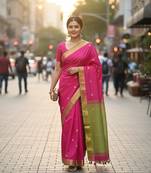 Rani & green fancy cotton handloom saree with blouse piece for women