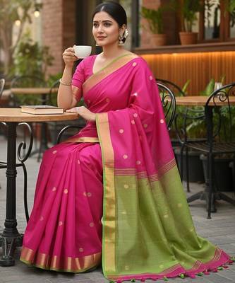 Rani & green fancy cotton handloom saree with blouse piece for women 2