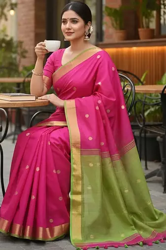 Rani & green fancy cotton handloom saree with blouse piece for women