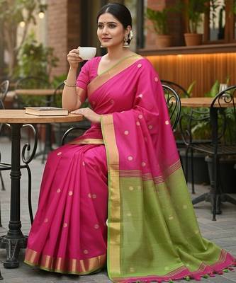 Rani & green fancy cotton handloom saree with blouse piece for women 4