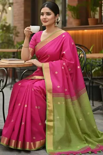 Rani & green fancy cotton handloom saree with blouse piece for women