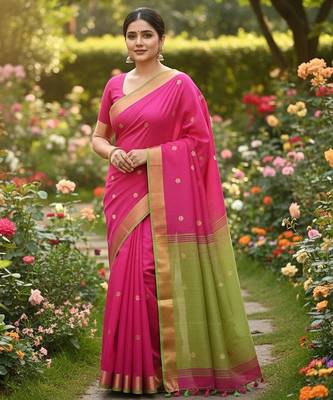 Rani & green fancy cotton handloom saree with blouse piece for women 5