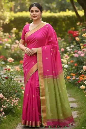 Rani & green fancy cotton handloom saree with blouse piece for women