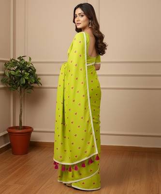 Green fancy cotton handloom saree with blouse piece for women 2