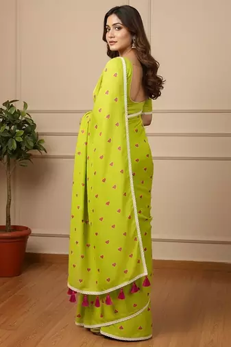 Green fancy cotton handloom saree with blouse piece for women