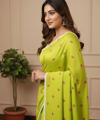 Green fancy cotton handloom saree with blouse piece for women 3