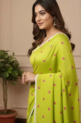 Green fancy cotton handloom saree with blouse piece for women