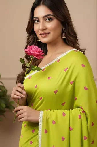 Green fancy cotton handloom saree with blouse piece for women