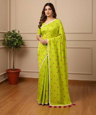 Green fancy cotton handloom saree with blouse piece for women 1