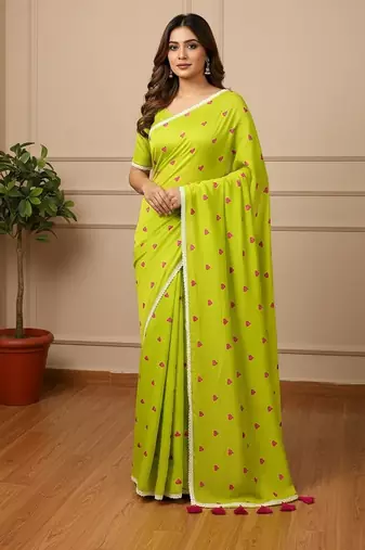 Green fancy cotton handloom saree with blouse piece for women