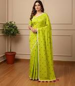 Green fancy cotton handloom saree with blouse piece for women