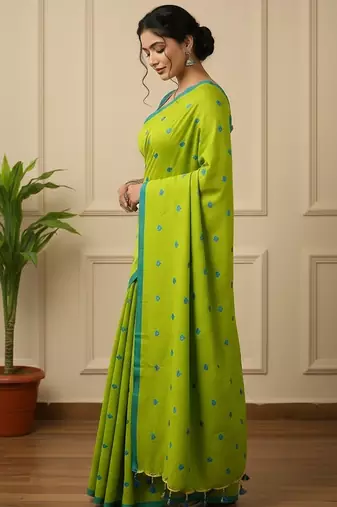 Green fancy cotton handloom saree with blouse piece for women