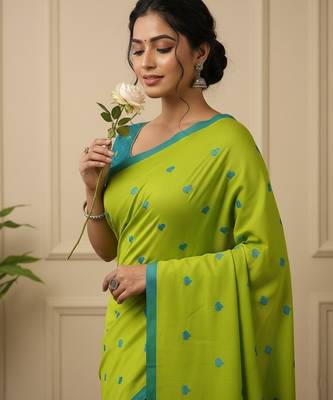 Green fancy cotton handloom saree with blouse piece for women 3