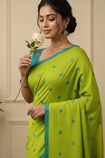 Green fancy cotton handloom saree with blouse piece for women