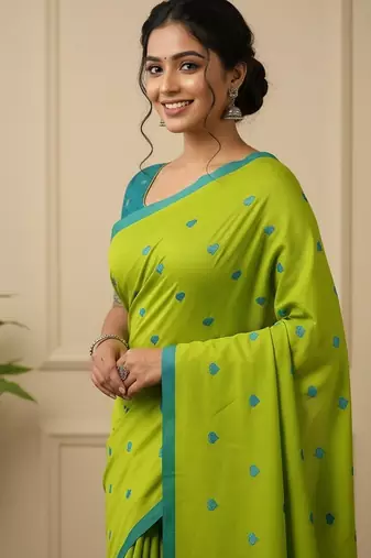 Green fancy cotton handloom saree with blouse piece for women