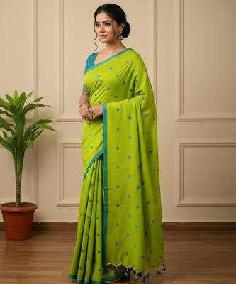 Green fancy cotton handloom saree with blouse piece for women 1
