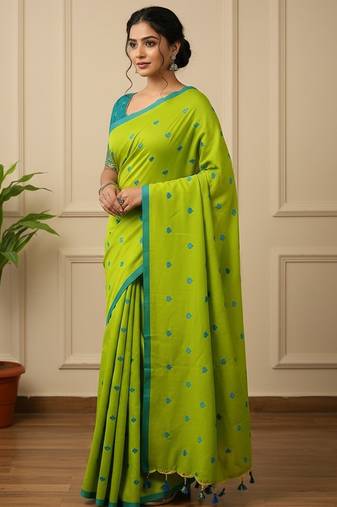 Green fancy cotton handloom saree with blouse piece for women