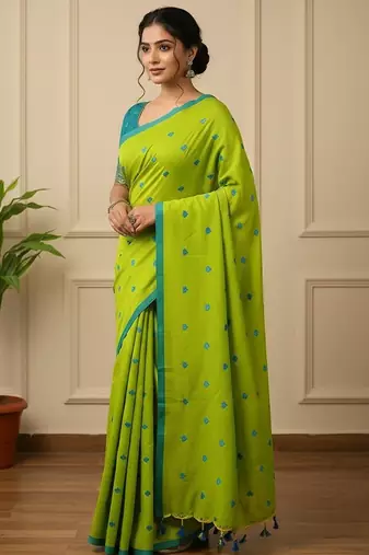 Green fancy cotton handloom saree with blouse piece for women