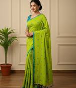 Green fancy cotton handloom saree with blouse piece for women
