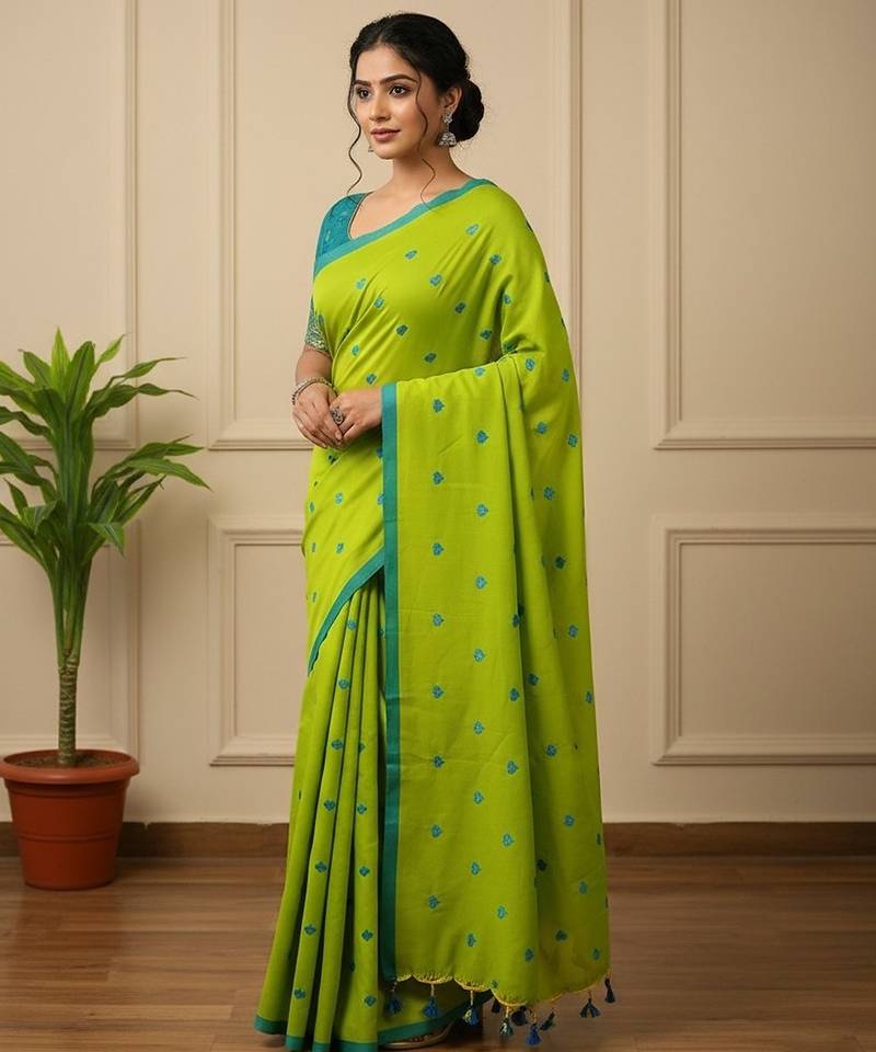 Green fancy cotton handloom saree with blouse piece for women