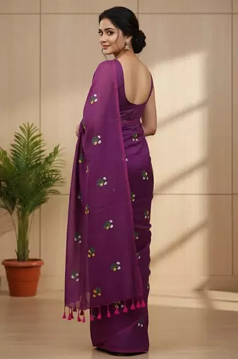 Magenta fancy cotton handloom saree with blouse piece for women