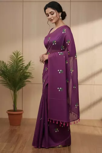 Magenta fancy cotton handloom saree with blouse piece for women
