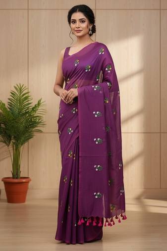 Magenta fancy cotton handloom saree with blouse piece for women