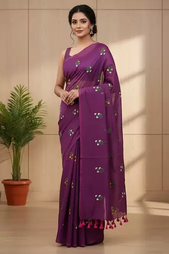 Magenta fancy cotton handloom saree with blouse piece for women