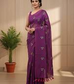 Magenta fancy cotton handloom saree with blouse piece for women