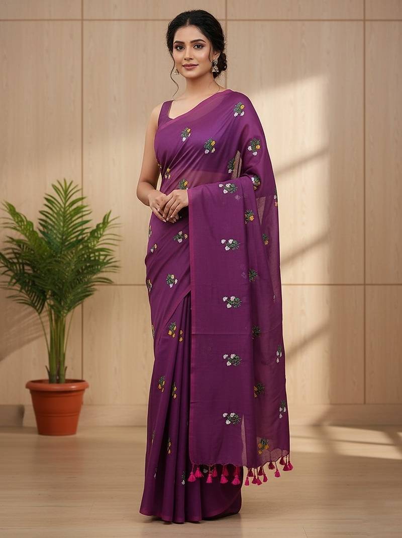 Magenta fancy cotton handloom saree with blouse piece for women