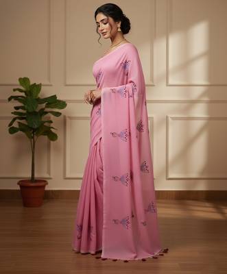 Pink fancy cotton handloom saree with blouse piece for women 2