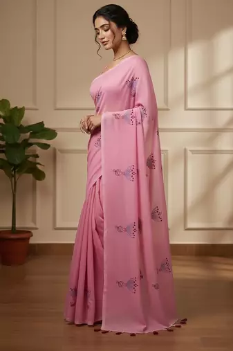 Pink fancy cotton handloom saree with blouse piece for women