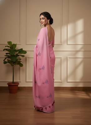 Pink fancy cotton handloom saree with blouse piece for women 3