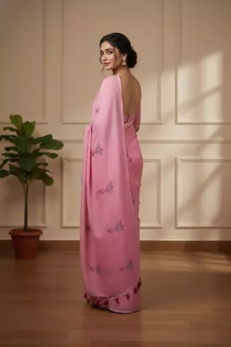 Pink fancy cotton handloom saree with blouse piece for women