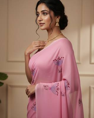 Pink fancy cotton handloom saree with blouse piece for women 4