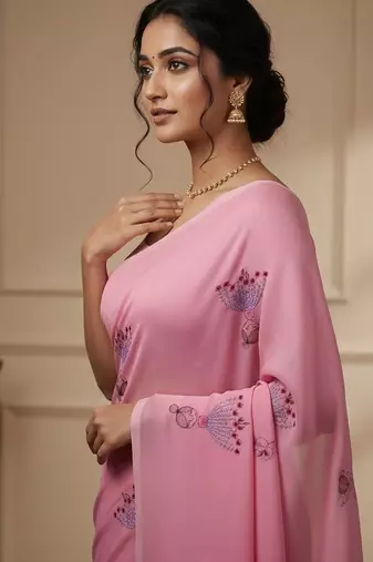 Pink fancy cotton handloom saree with blouse piece for women