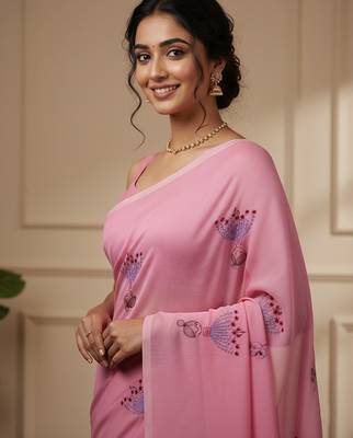 Pink fancy cotton handloom saree with blouse piece for women 5