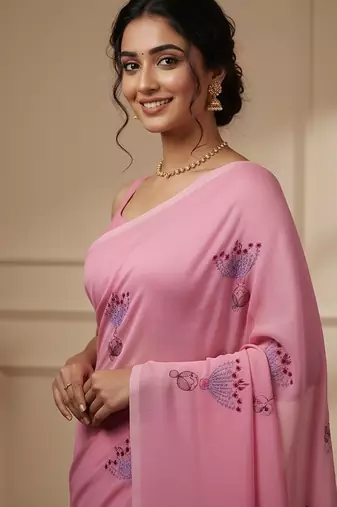 Pink fancy cotton handloom saree with blouse piece for women