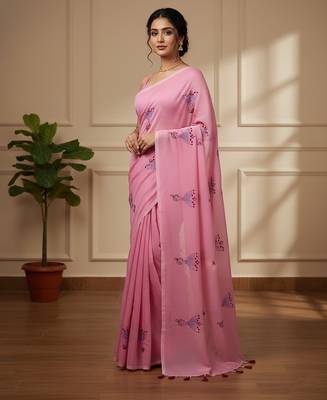 Pink fancy cotton handloom saree with blouse piece for women 1