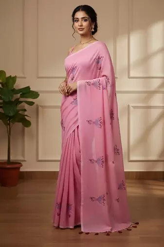 Pink fancy cotton handloom saree with blouse piece for women