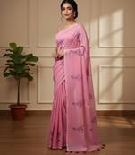 Pink fancy cotton handloom saree with blouse piece for women