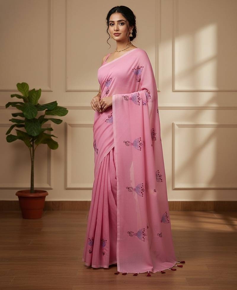 Pink fancy cotton handloom saree with blouse piece for women