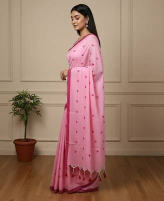 Pink fancy cotton handloom saree with blouse piece for women 2