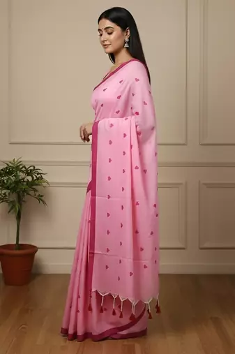 Pink fancy cotton handloom saree with blouse piece for women