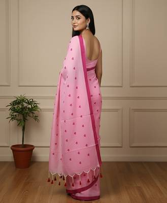 Pink fancy cotton handloom saree with blouse piece for women 3