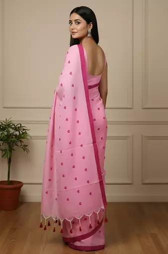 Pink fancy cotton handloom saree with blouse piece for women