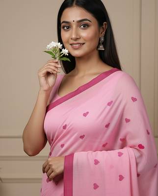 Pink fancy cotton handloom saree with blouse piece for women 4